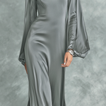 Women's Fashionable Grey Satin High-neck Long-sleeved Loose-fitting Maxi Dress