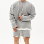 Men's Fashion Solid Color Loose Rolled Sweatshirt Shorts Set