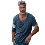 Men's Loose V-Neck Striped Patchwork Cotton Long-Sleeved T-Shirt
