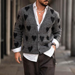 Men's Fashion Heart Graphic V Neck Single Breasted Knit Cardigan
