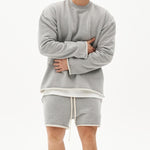 Men's Fashion Solid Color Loose Rolled Sweatshirt Shorts Set