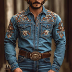 Men's Western Cowboy Style Embroidered Lapel Chest Pocket Long Sleeve Denim Shirt