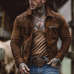 Men's Solid Suede Zippered Chest Pocket Lapel Jacket