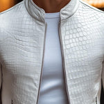 Men's Fashion Stone Pattern Stand Collar Zipper Slim Fit Leather Jacket