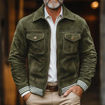 Men's Striped Trim Suede Lapel Chest Pocket Zipper Casual Jacket