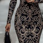 Women Baroque Pattern Mock Neck Bodycon Dress