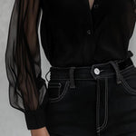 Chic Crew Neck Sheer Sleeves Button Down Shirt