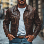 Men's Vintage Leather Distressed Lapel Zipper Slim Fit Jacket