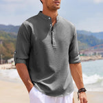 Men's Waffle Stand Collar Rolled Sleeve Long Sleeve Shirt