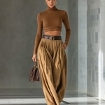 Women's Blended Brown Top And Wide-leg Pants Set
