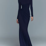 Women's Navy Elegant Stretch Polyester-Cotton Blend Turtleneck Draped Maxi Dress