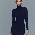 Women's Navy Elegant Stretch Polyester-Cotton Blend Turtleneck Draped Maxi Dress