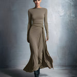 Women's Gray Exquisite Stretch Blended Fabric Wrap Dress - Knotted Maxi Dress