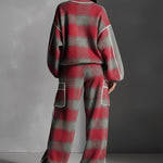 Women's Red And Gray Plaid Brushed Distressed Street Style Color-Blocked Piping Pantsuit Set