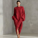 Women's Cream Elegant Faux Mink Knit Asymmetric Slit Midi Dress