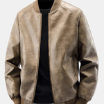 Fleece Lined Washed Distressed Leather Bomber Jacket